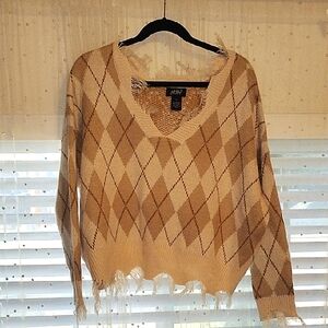 Just Polly New York Woman's Fringe Brown & Beige Plaid Sweater, Size: L